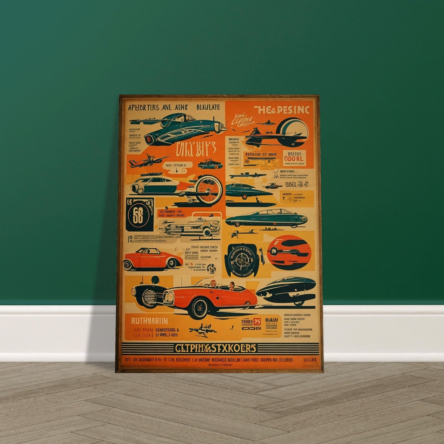 A retro sci-fi themed poster filled with futuristic vehicles, planes, and spaceships in bold colors, presenting a glimpse into a future imagined in the past.