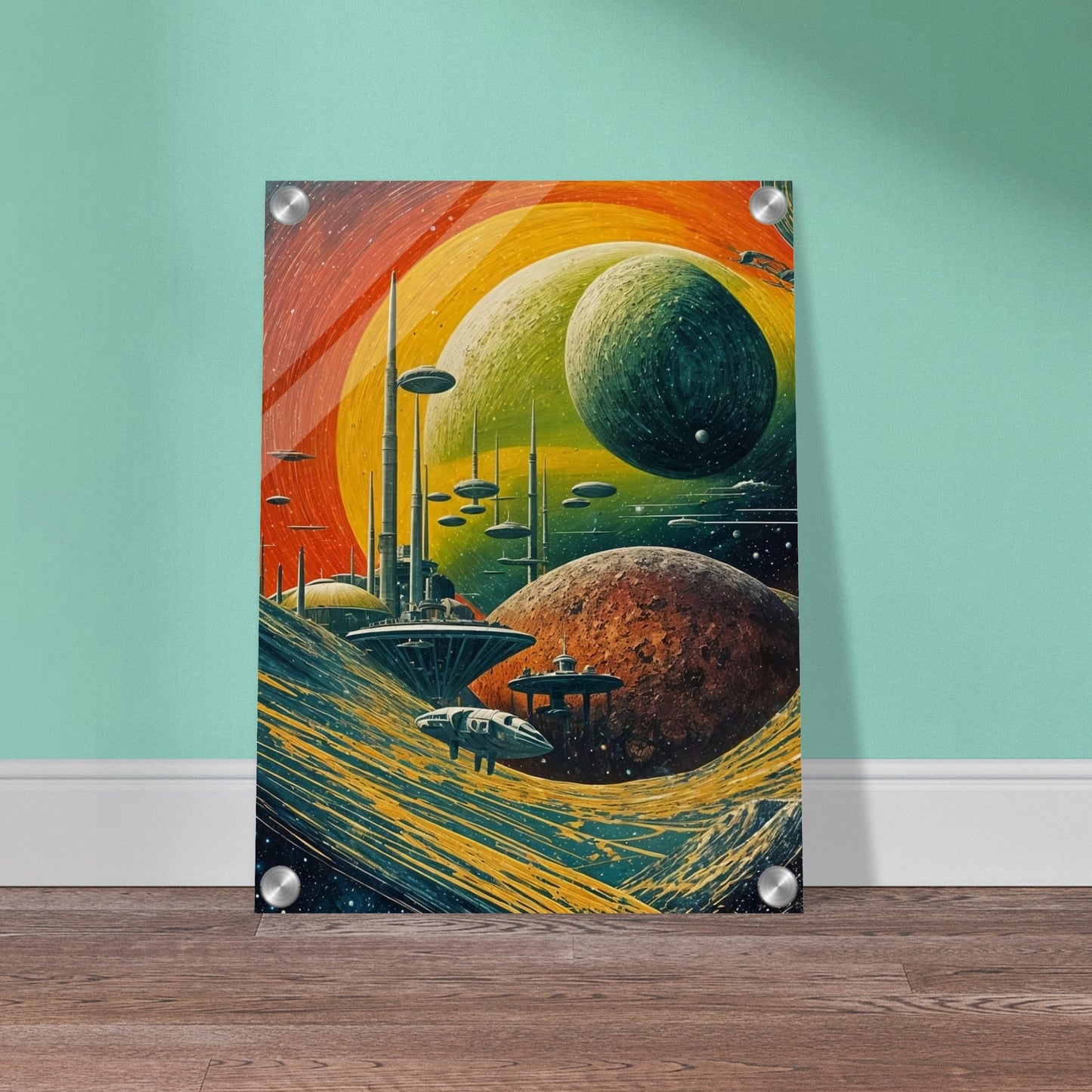 A vivid depiction of a futuristic planetary system with towering structures and spacecraft amidst swirling cosmic landscapes, evoking a sense of exploration and wonder.