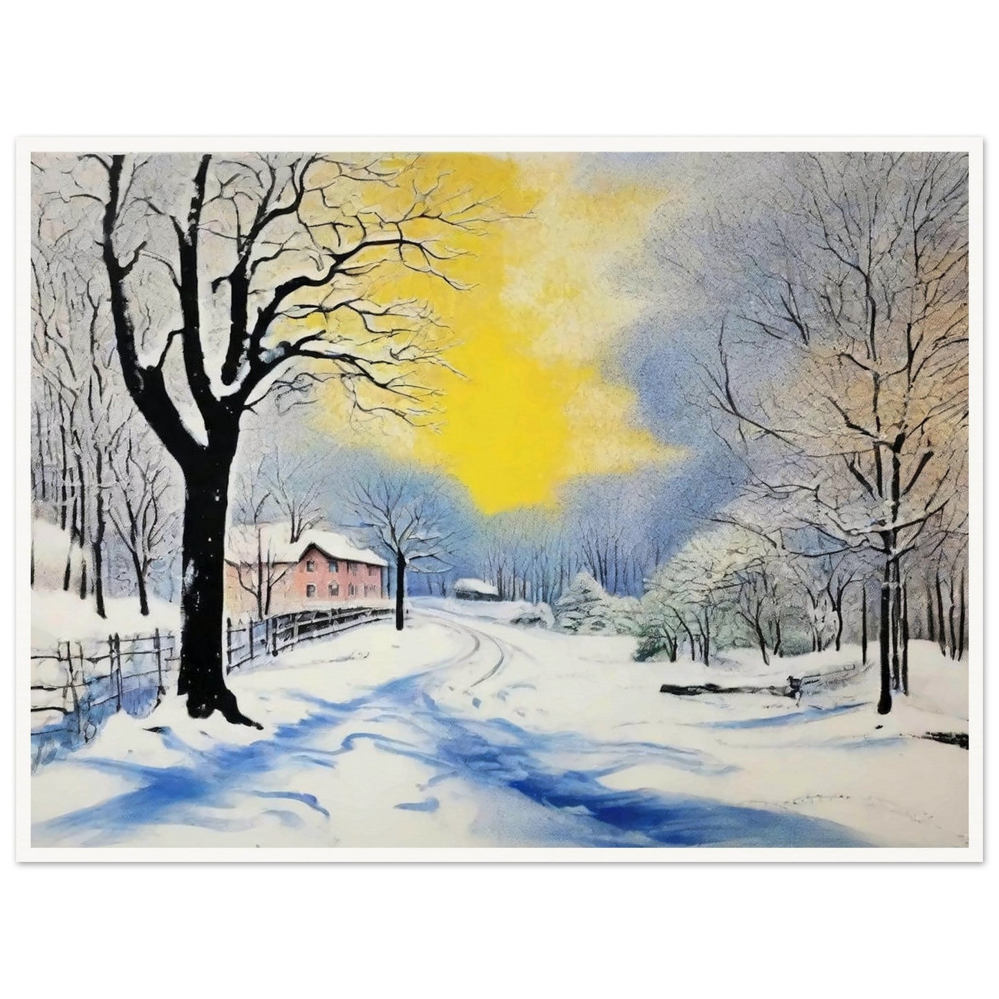 A serene winter landscape with snow-covered trees and a winding path leading to a distant house, illuminated by a warm yellow sunrise against a blue sky.