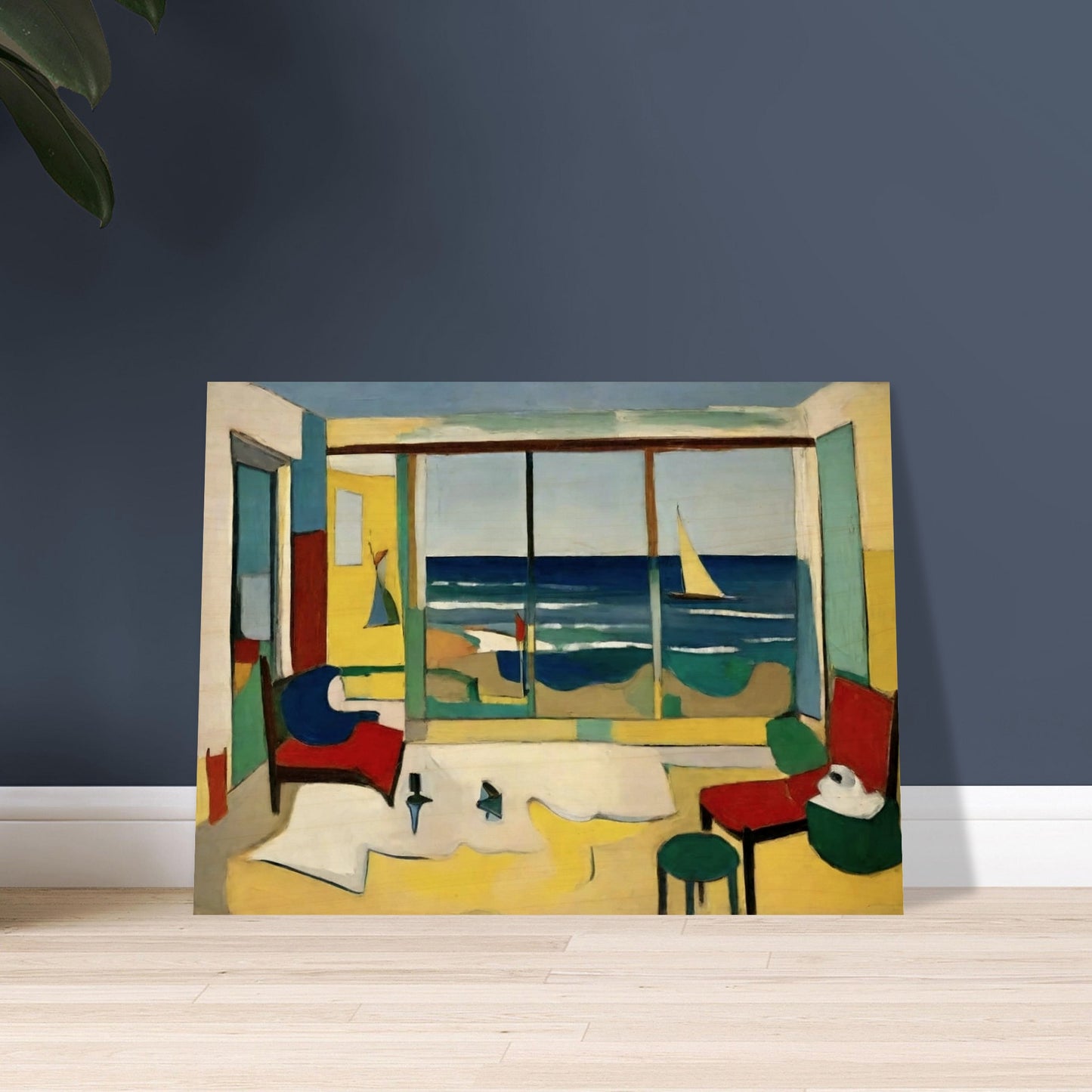 A vibrant painting of an interior room with a large window showcasing a view of the ocean, a sailboat on the water, and colorful furniture.