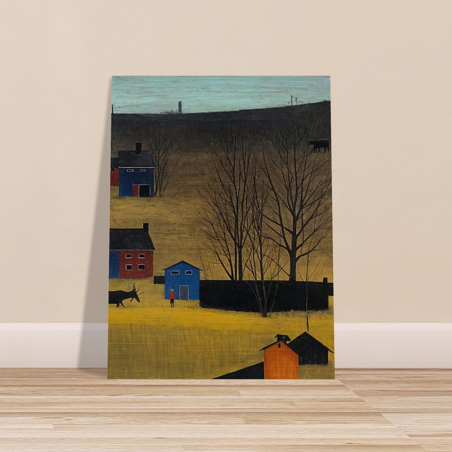 A peaceful rural landscape with houses, trees, and a donkey under a clear sky in autumn.