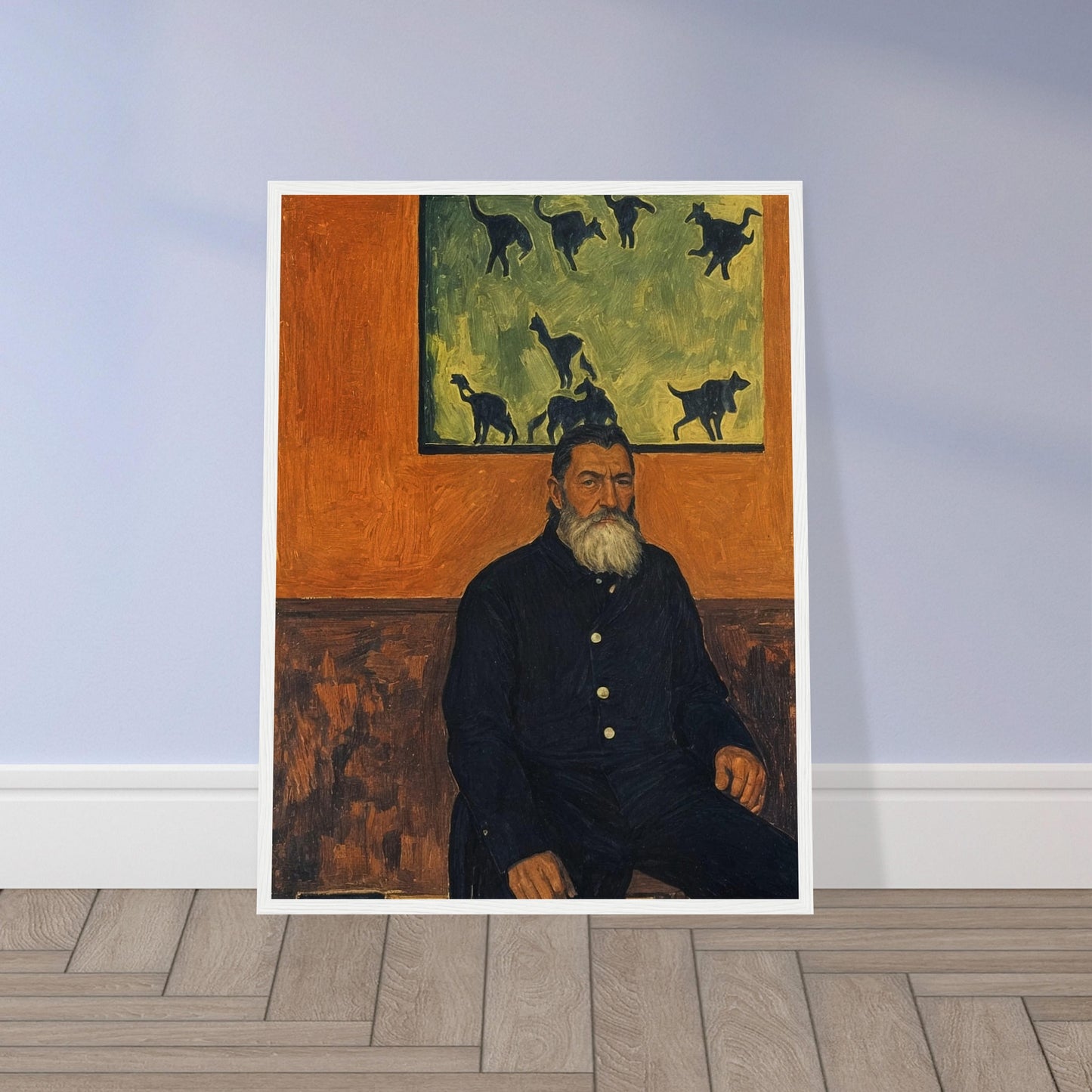 A bearded man seated against a burnt orange wall, gazing into the distance with a painting of cats behind him, exuding a quiet, contemplative presence.