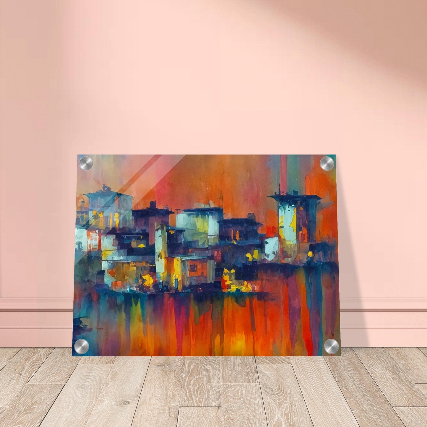 Vibrant abstract cityscape with glowing buildings against a rich, multicolored sky, capturing the essence of an evening skyline.