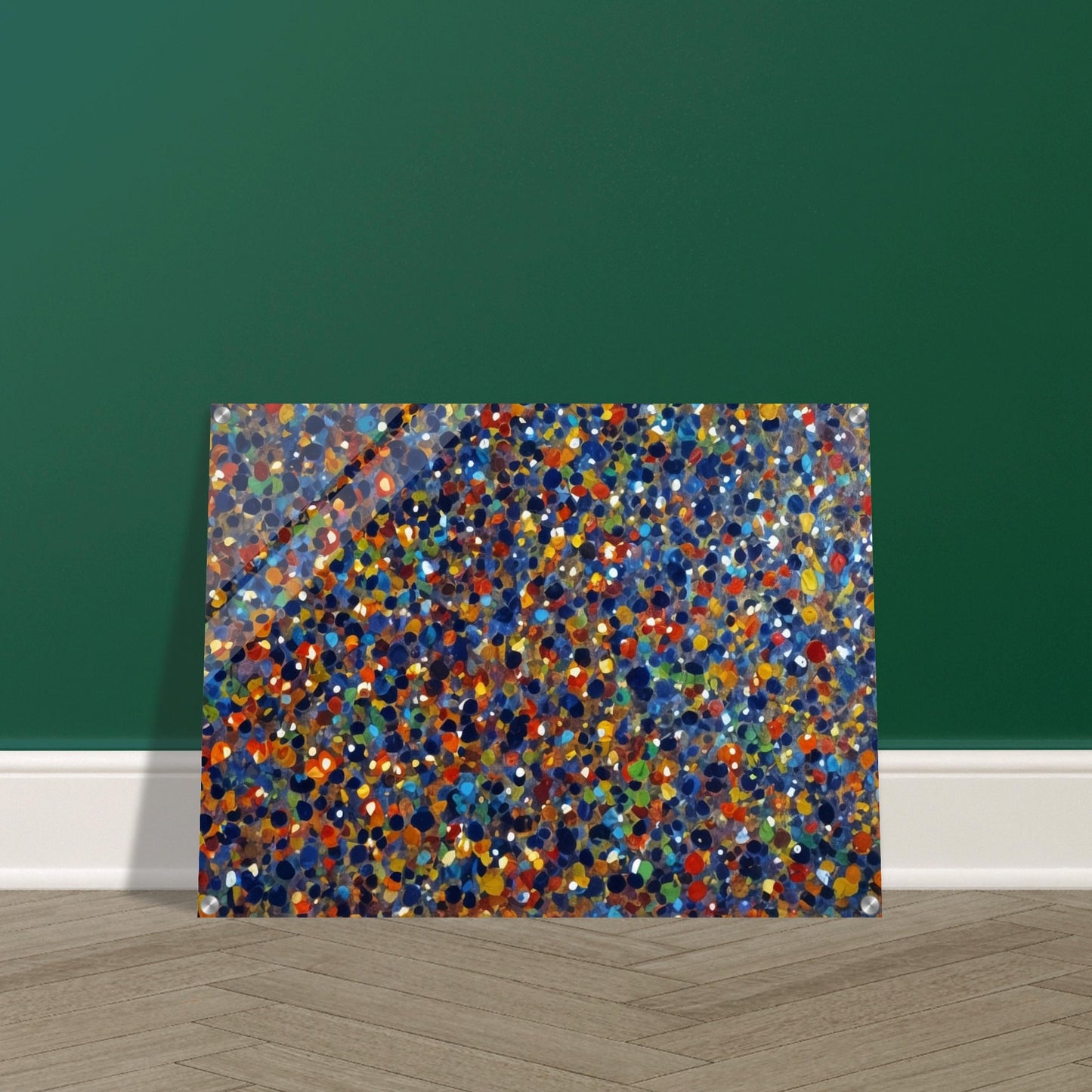 A dynamic display of colorful dots in various shades of blue, orange, green, and red, creating a vibrant and energetic pattern reminiscent of a starry sky or confetti.