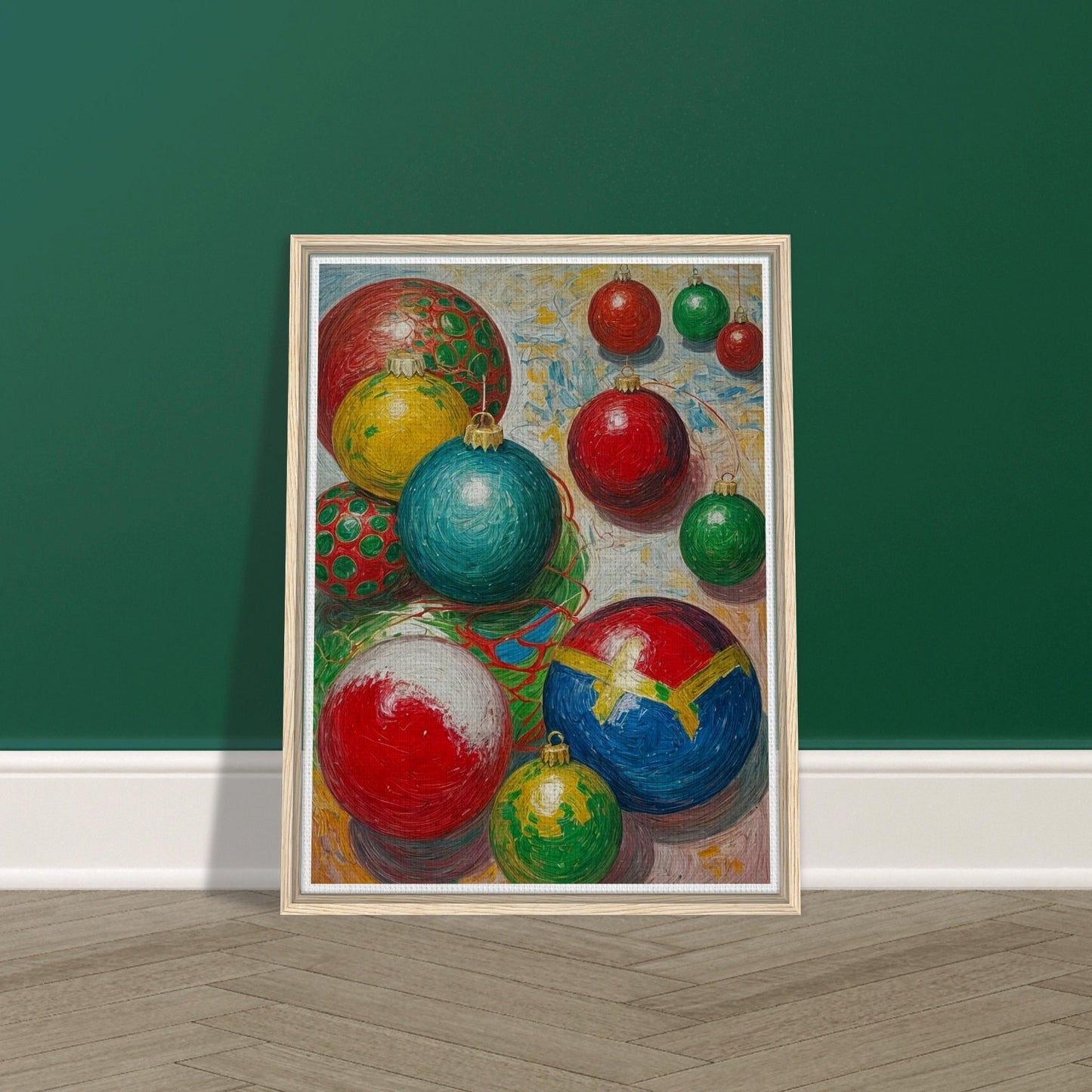 A collection of colorful Christmas ornaments in red, green, blue, and yellow, arranged in a playful and vibrant composition, evoking holiday cheer.