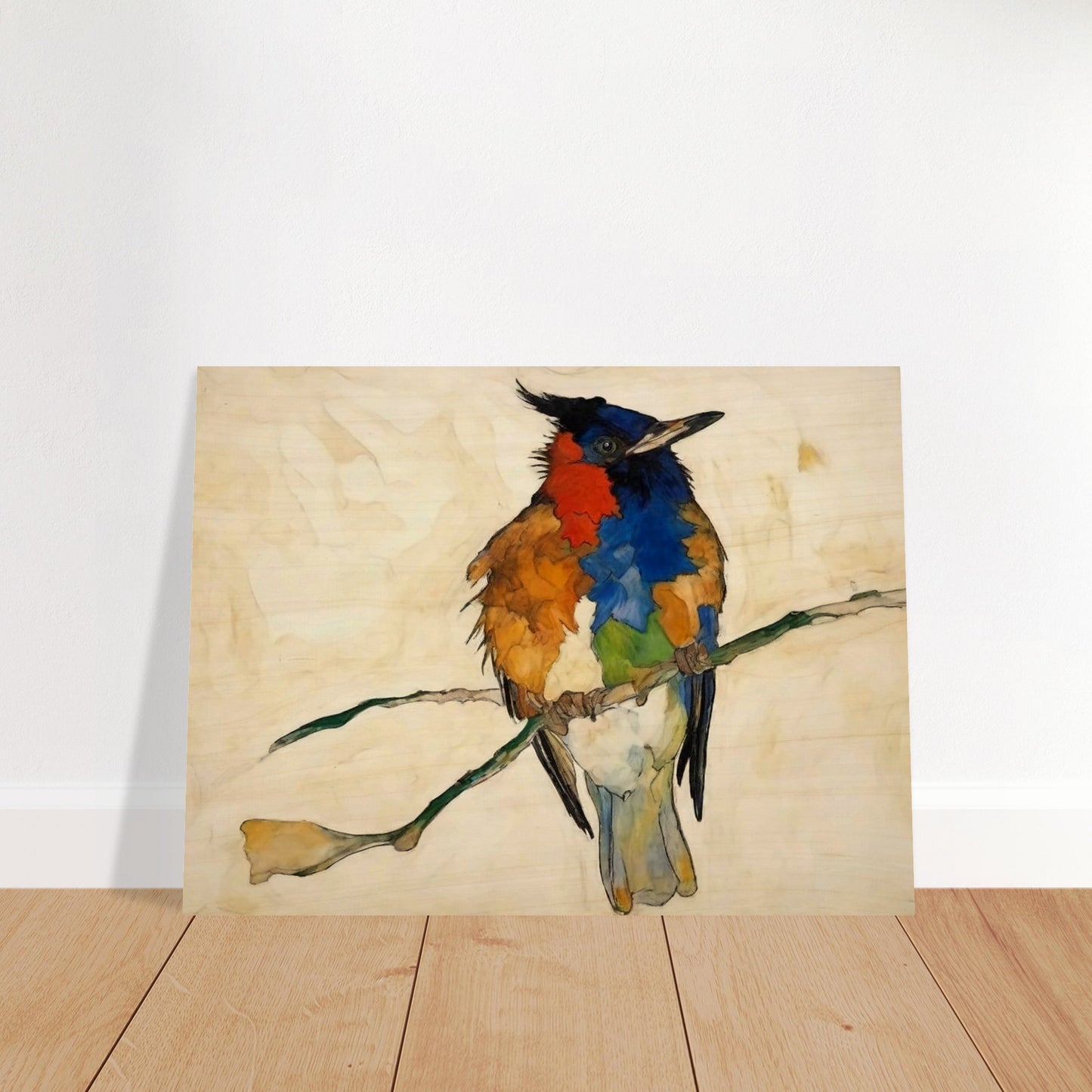 "A vivid painting of a multi-colored bird perched on a branch, with bold patches of red, blue, orange, and green feathers against a light background."