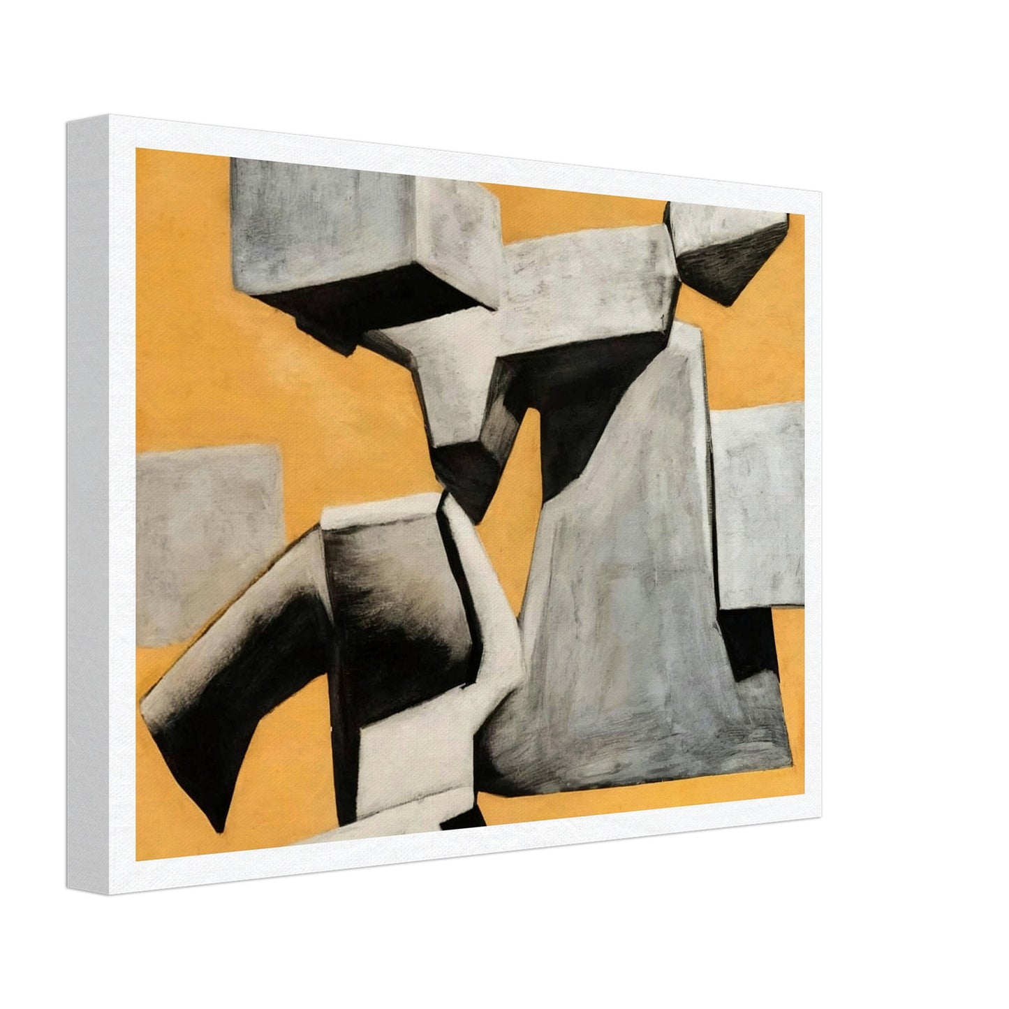 An abstract composition of floating and intersecting gray geometric shapes, set against a warm, textured orange background, creating a sense of movement and contrast.