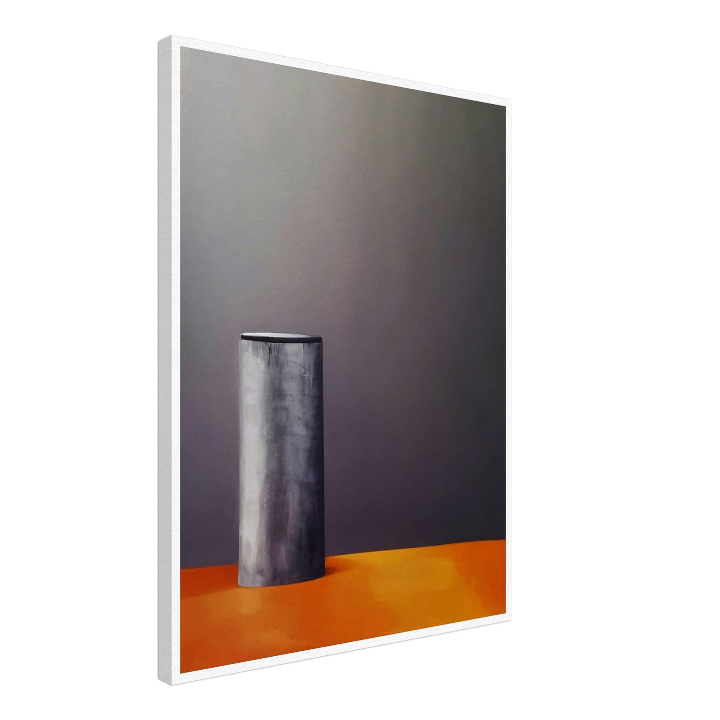 A minimalistic composition featuring a single cylindrical gray object standing on a warm orange surface against a dark, muted background, evoking stillness and simplicity.
