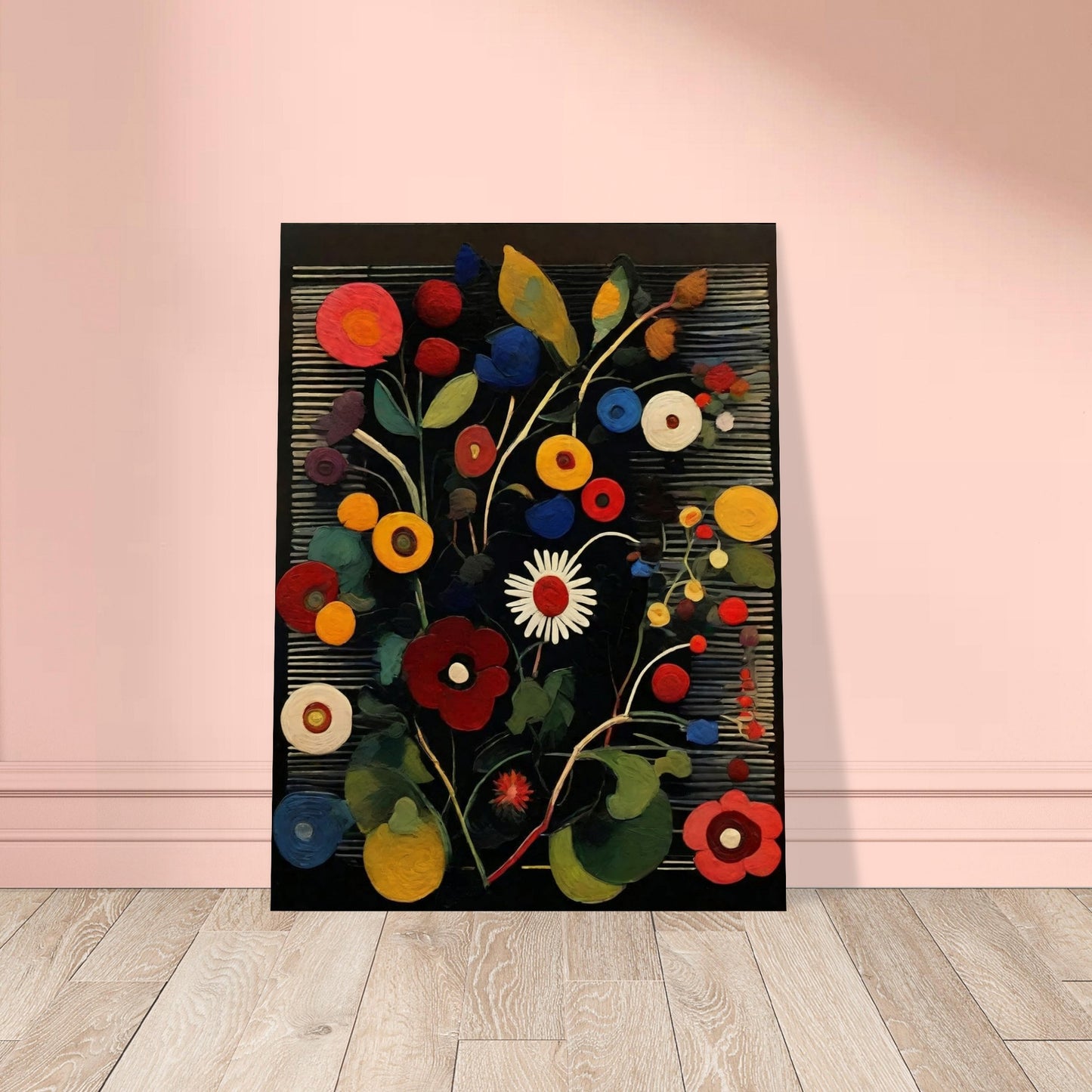 A lively painting featuring an array of colorful circular flowers in red, yellow, blue, and white, set against a dark striped background.