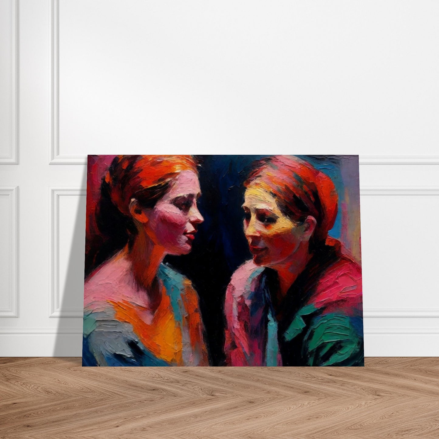 An expressive painting of two women engaged in a deep conversation, using bold and vibrant colors.