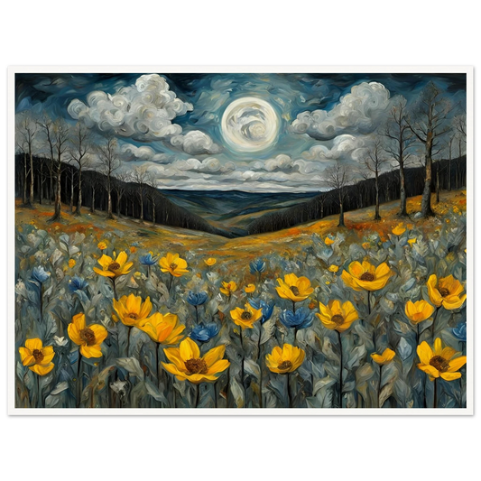 A breathtaking moonlit meadow with golden yellow and blue wildflowers under a swirling night sky, framed by rolling hills and bare trees.