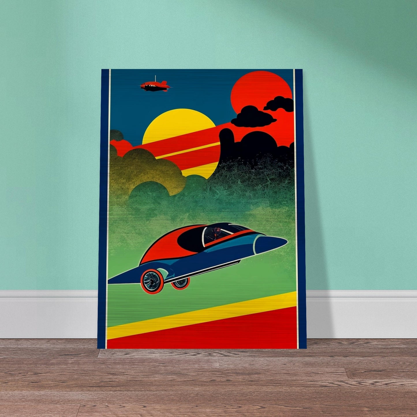 A vibrant, retro-futuristic artwork depicting a sleek, flying car soaring through a colorful sky with bold geometric shapes and a distant plane.
