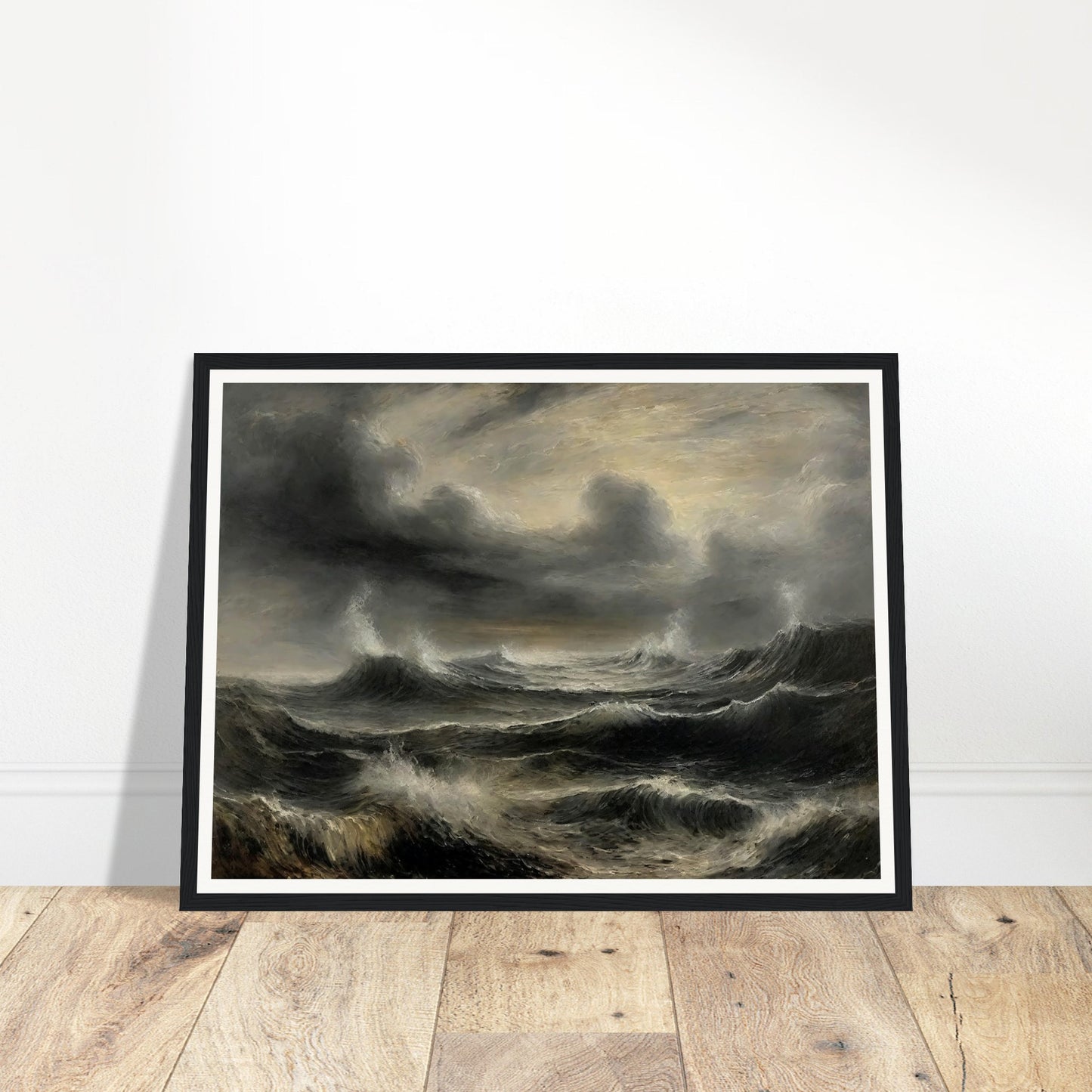 A dramatic painting of a stormy sea with dark, turbulent waves and ominous clouds. The swirling, textured brushstrokes capture the intensity and power of the ocean during a tempest.