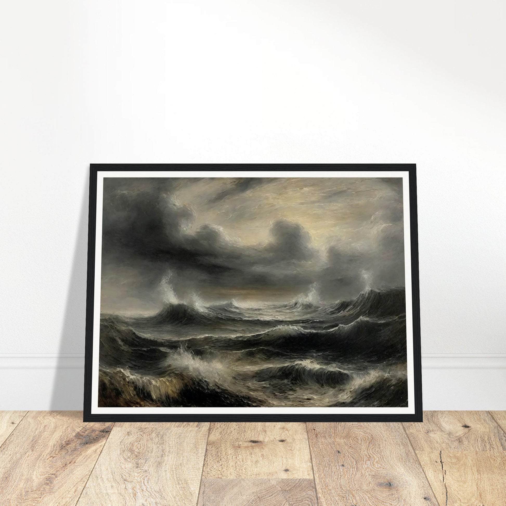 A dramatic painting of a stormy sea with dark, turbulent waves and ominous clouds. The swirling, textured brushstrokes capture the intensity and power of the ocean during a tempest.