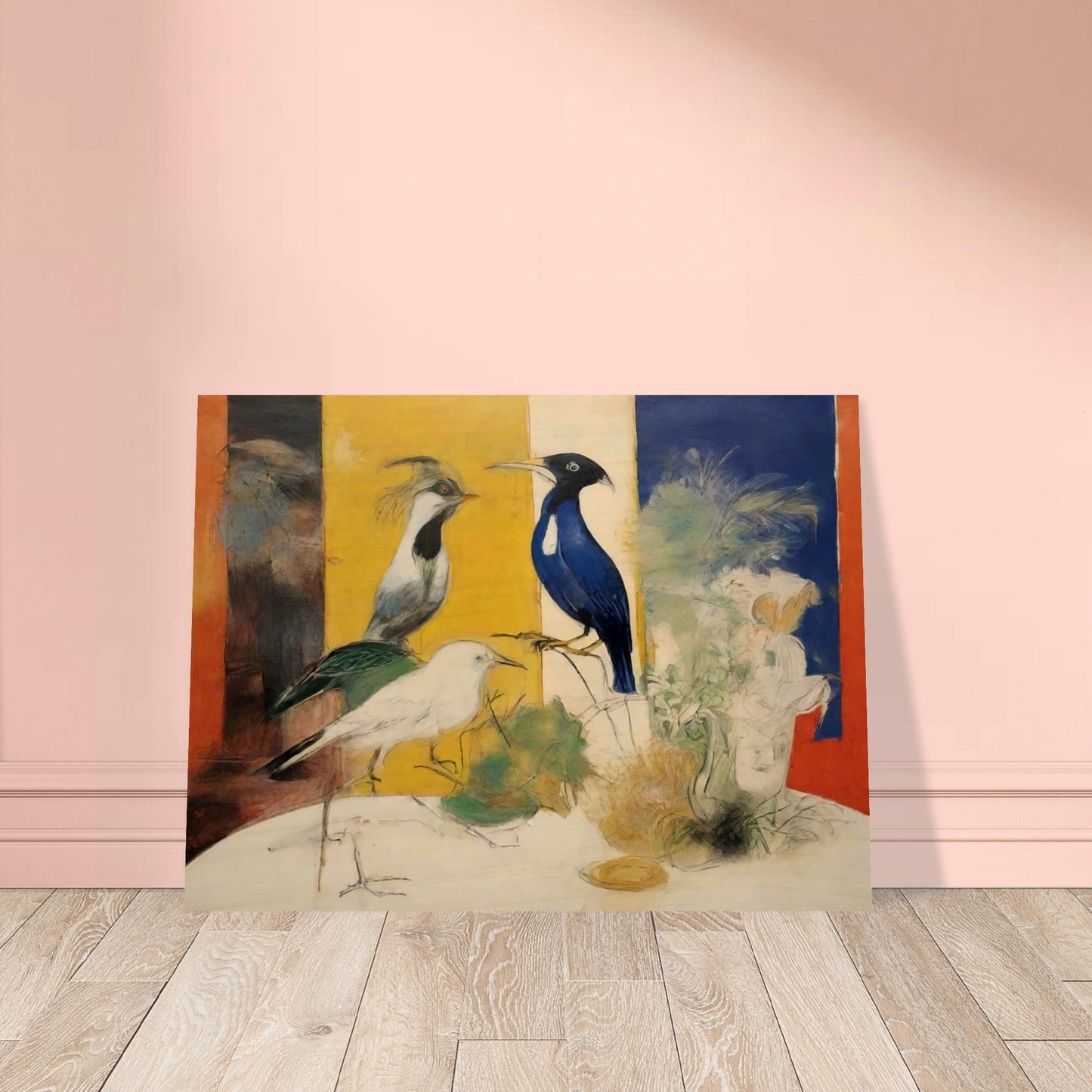 "A striking composition featuring three birds in front of bold color panels, with delicate sketches of plants and flowers surrounding them."