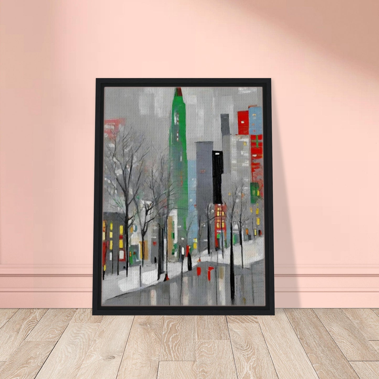 A modern winter cityscape featuring tall buildings in muted tones with pops of red and green, leafless trees, and snow-covered streets.