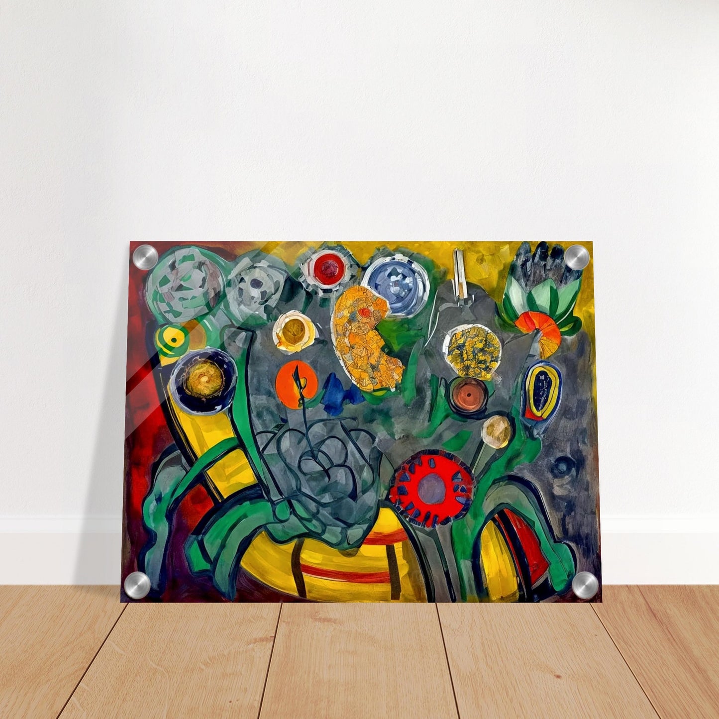 A bold, abstract depiction of colorful flowers with swirling shapes and rich colors like red, yellow, and green, creating an energetic garden-like scene.