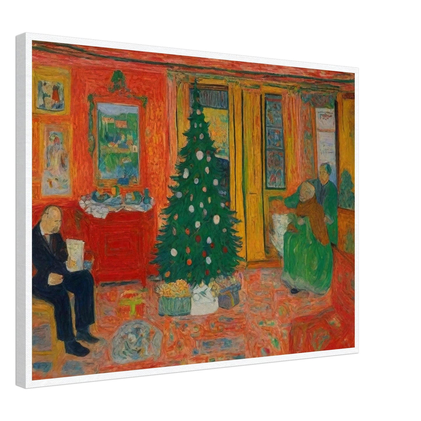 A colorful, cozy living room featuring a decorated Christmas tree, with family members preparing for the holiday in a warm and inviting atmosphere.