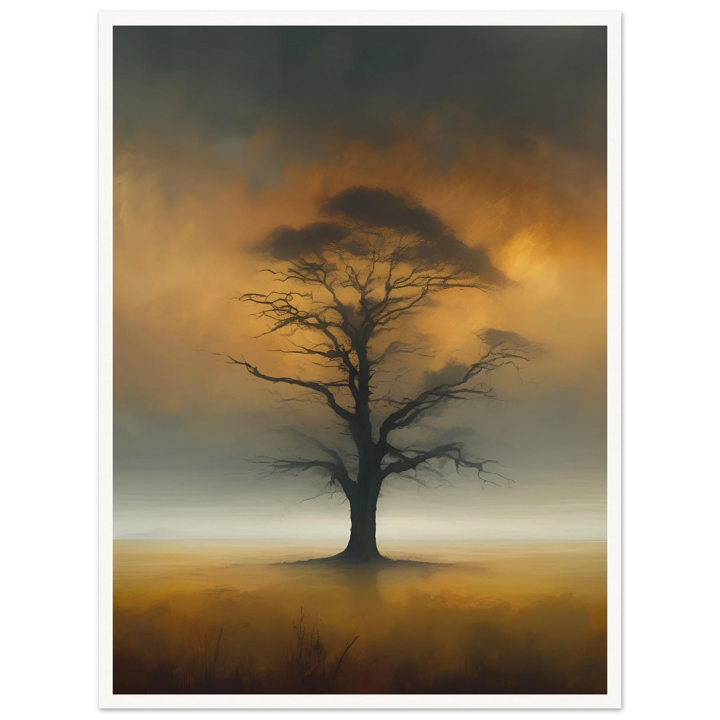 A solitary tree with bare branches stands in a foggy golden field, framed by a smoky, glowing twilight sky.