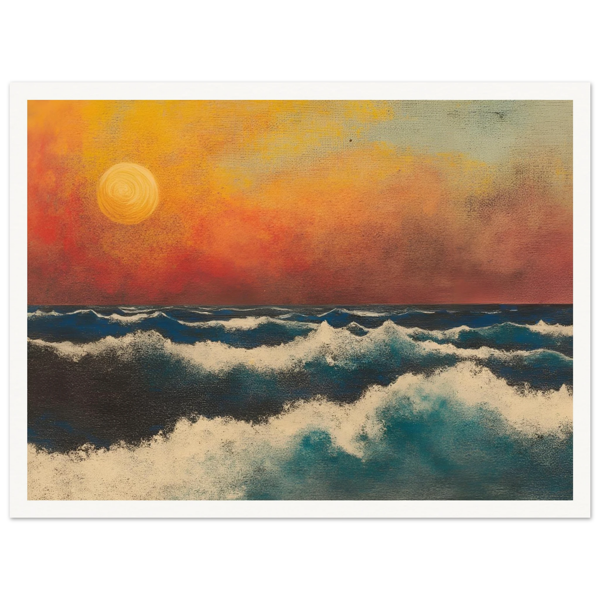 Crashing ocean waves beneath a fiery orange sunset sky, with textured swirls and foam breaking across deep blue water.