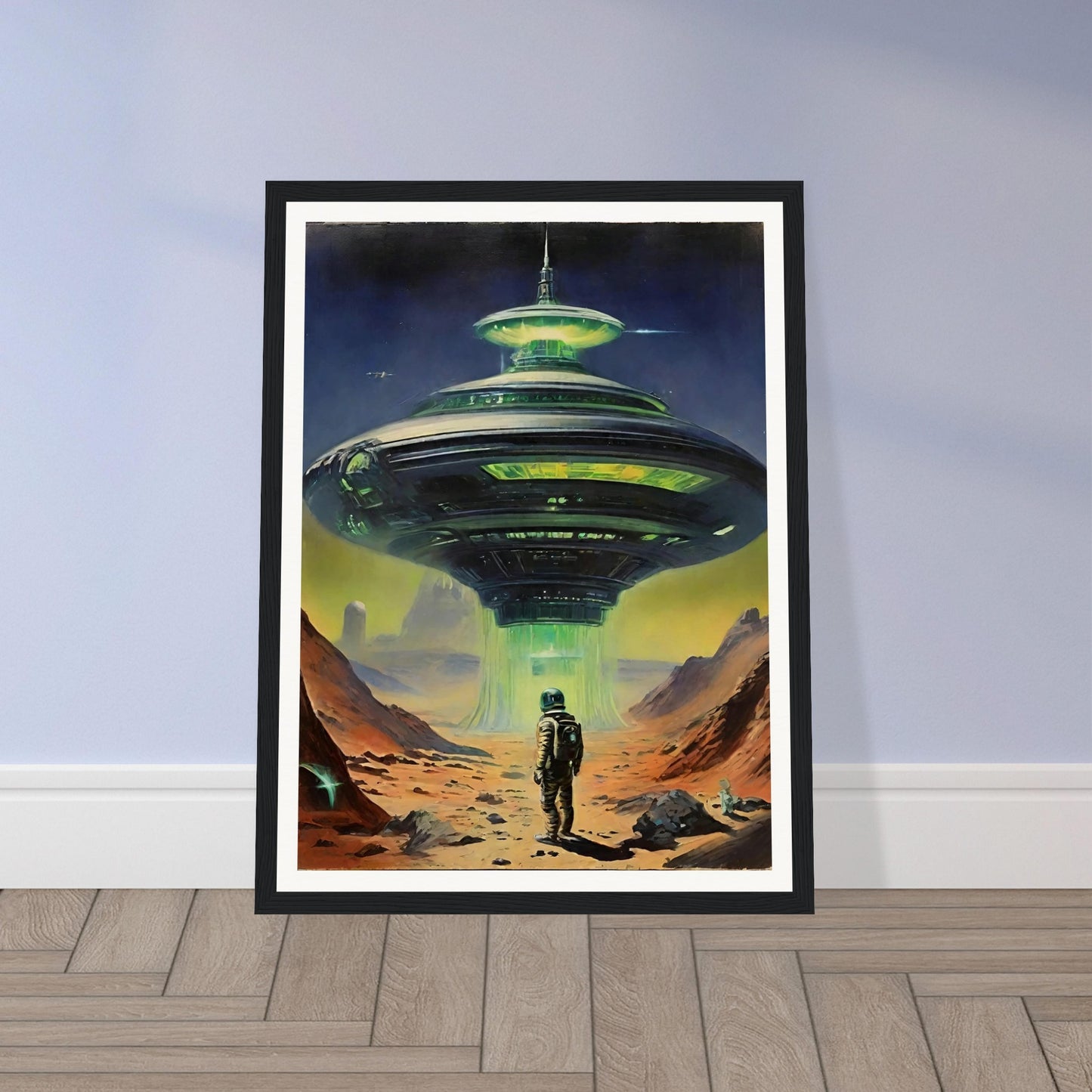 A sci-fi painting of an astronaut standing in front of a large, illuminated alien spacecraft on a barren landscape.