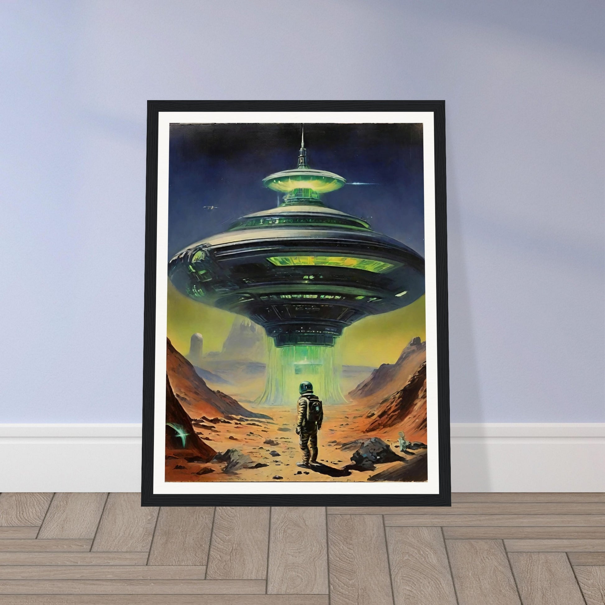 A sci-fi painting of an astronaut standing in front of a large, illuminated alien spacecraft on a barren landscape.