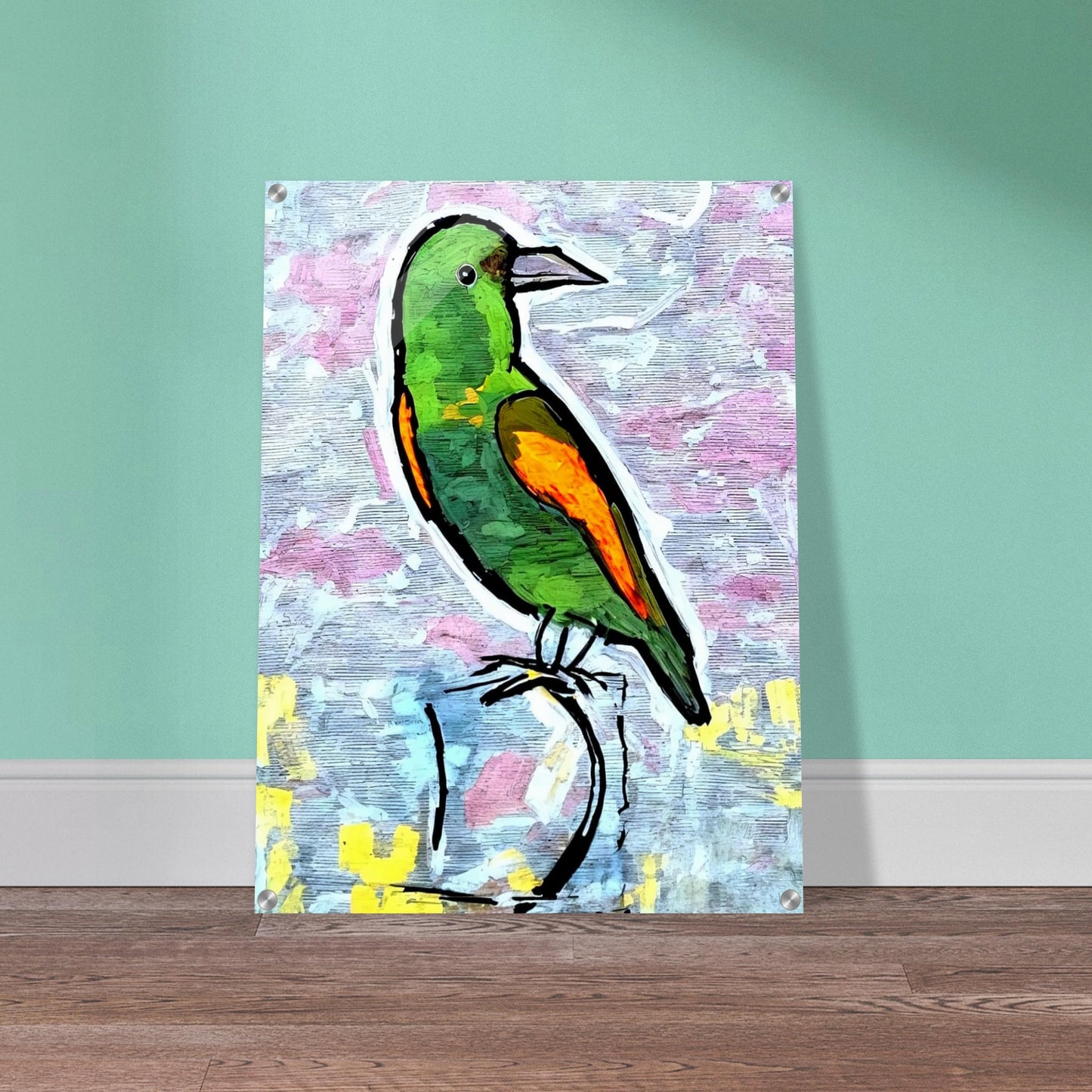 A colorful green and orange bird sits perched against a soft, textured pastel background, highlighting its vibrant feathers and watchful gaze.