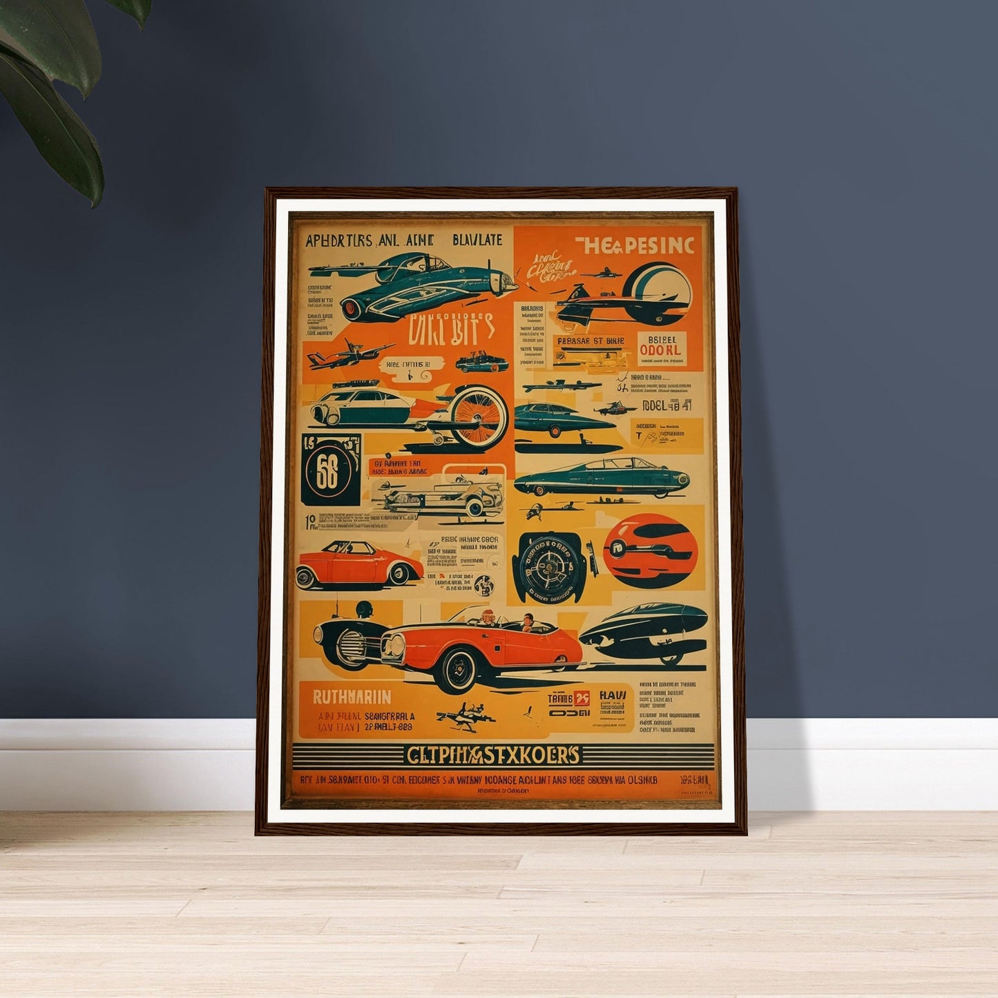 A retro sci-fi themed poster filled with futuristic vehicles, planes, and spaceships in bold colors, presenting a glimpse into a future imagined in the past.