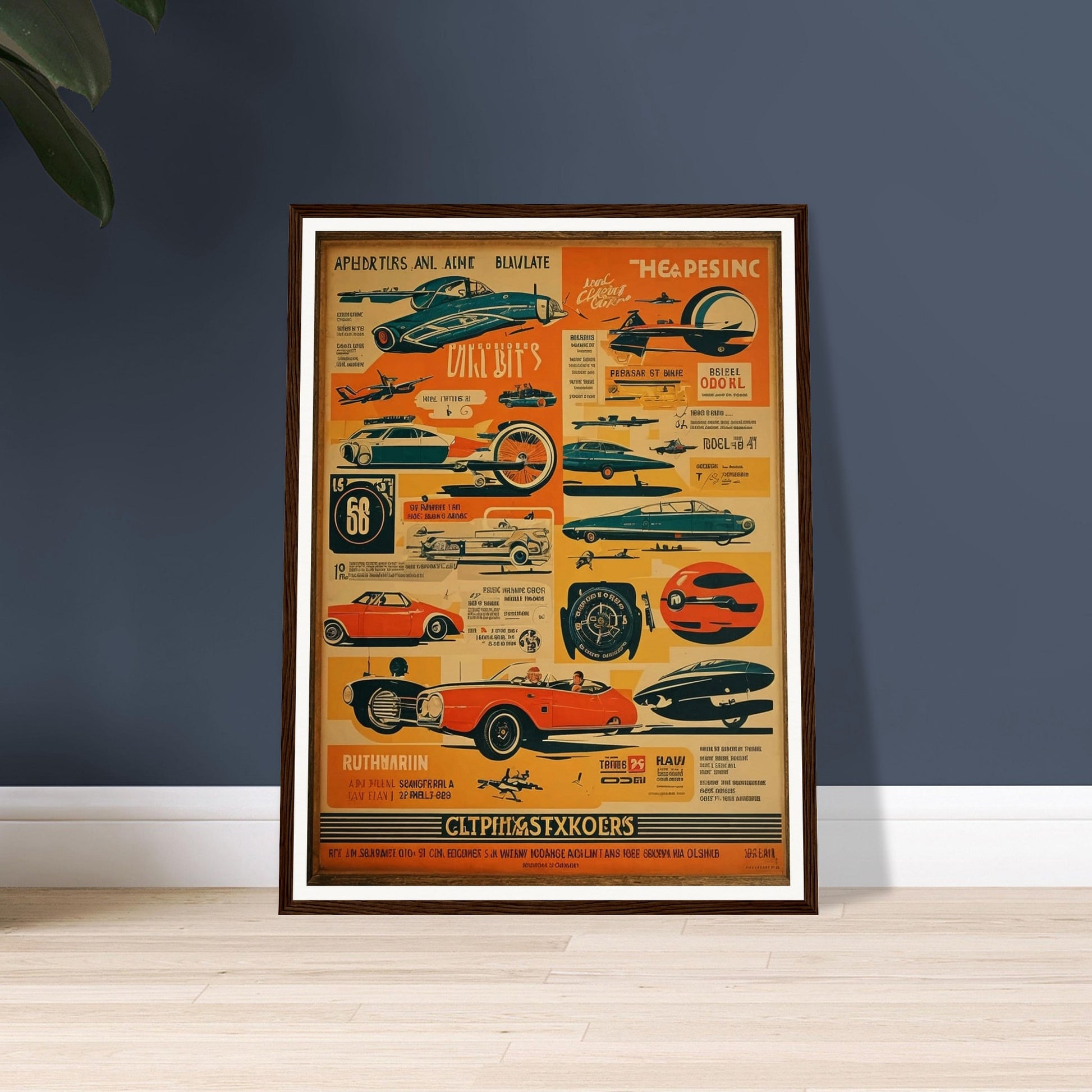 A retro sci-fi themed poster filled with futuristic vehicles, planes, and spaceships in bold colors, presenting a glimpse into a future imagined in the past.