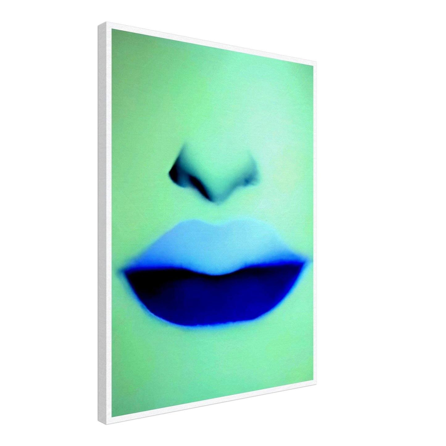 A close-up of soft lips and nose rendered in cool blue and green hues, creating a mysterious and ethereal vibe with bold contrast.