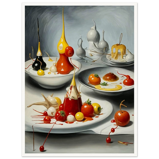 "Surreal still life painting featuring abstract dishes with sculptural elements resembling food, tomato garnishes, and vivid sauces."