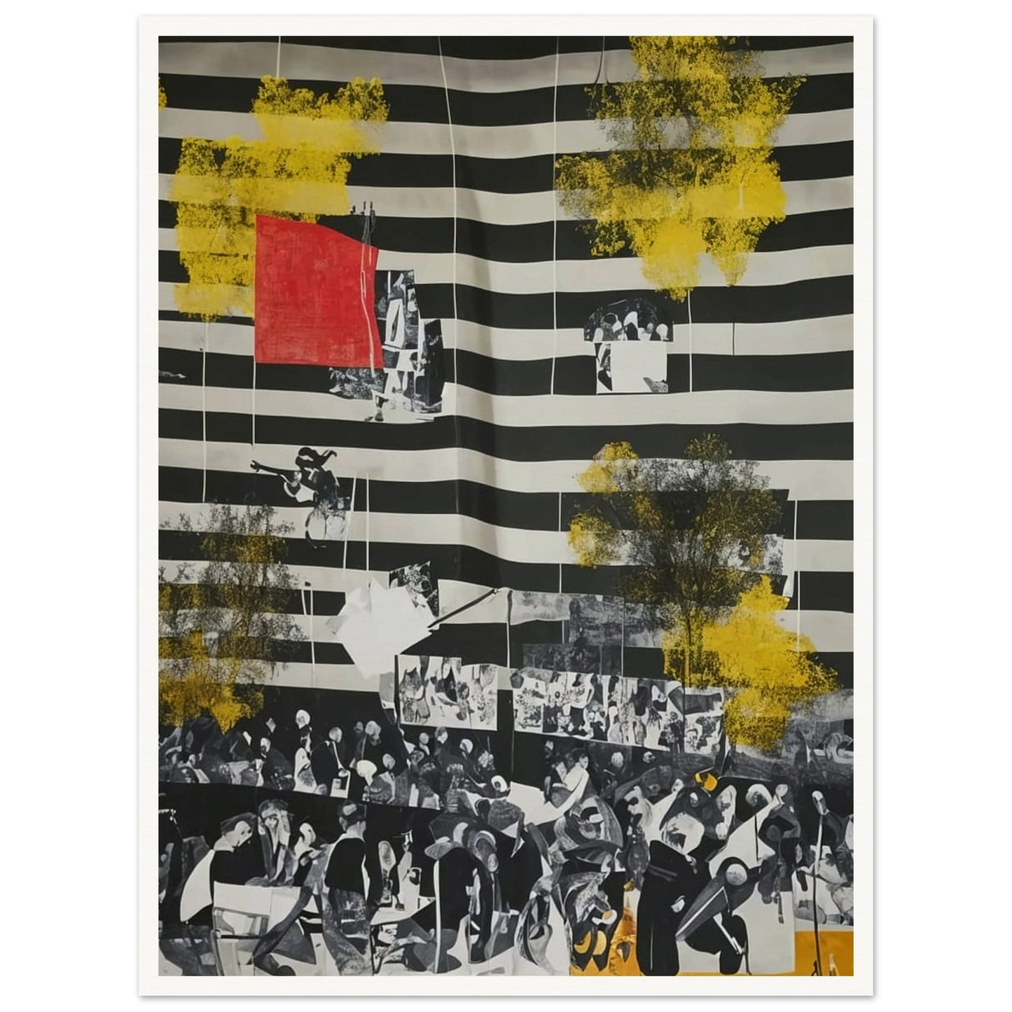 An abstract painting with black and white stripes, overlaid with yellow splashes and historical photographs.