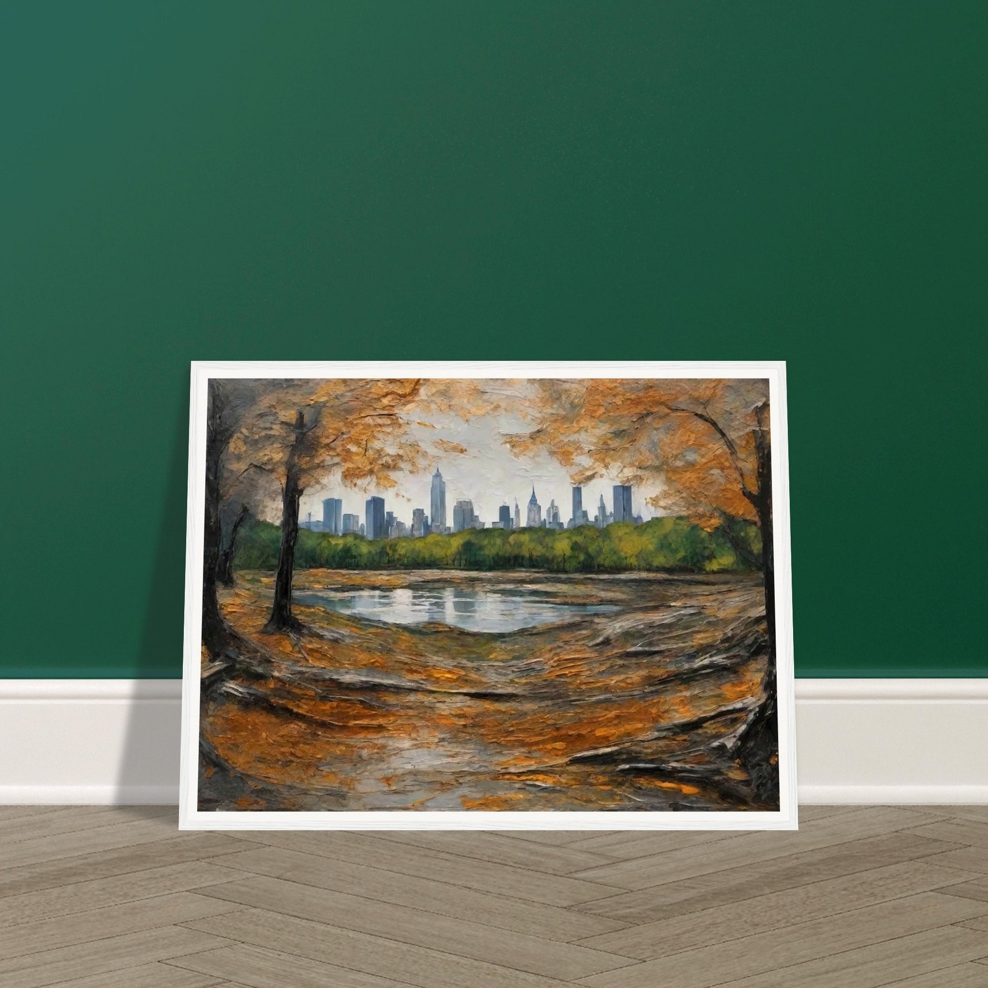 "A beautiful autumn scene with golden leaves framing a city skyline in the distance, viewed from the edge of a tranquil pond in the park."