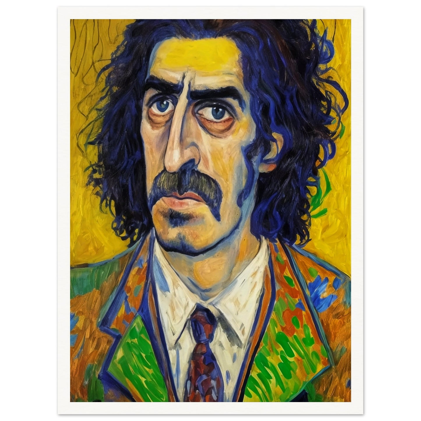 A vibrant portrait of a man with deep-set eyes and thick mustache, framed by wild dark hair. His colorful, patterned suit contrasts with a vivid yellow background.