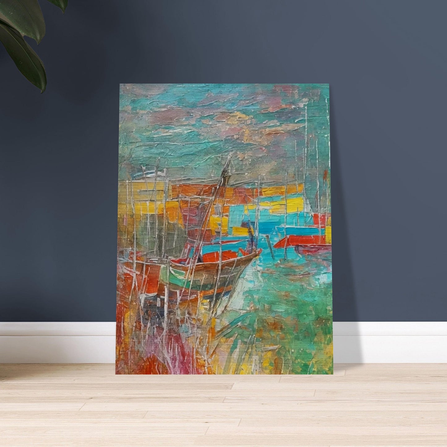 A vibrant, textured painting of boats docked at a harbor, with bold colors of red, blue, and yellow blending into the water and sky, creating a lively and colorful seascape.