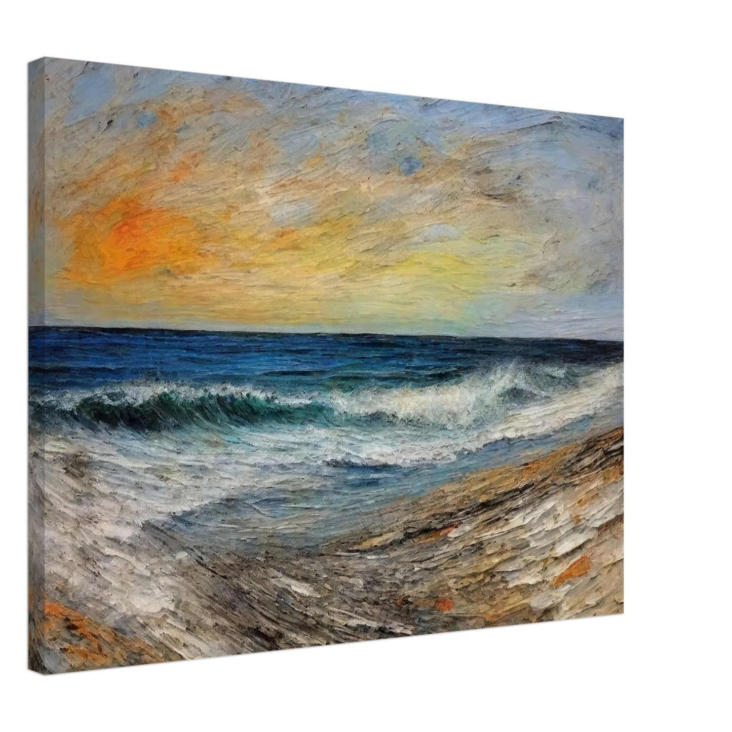 A painting of a serene shoreline at sunset with gentle waves, vibrant orange and yellow sky, and textured sand.