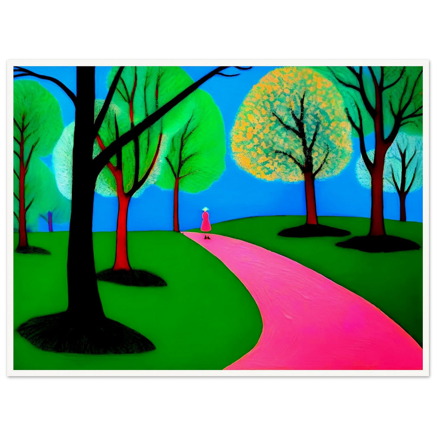 Minimalist landscape with neon green trees, blue sky, and a lone woman walking along a winding bright pink path.