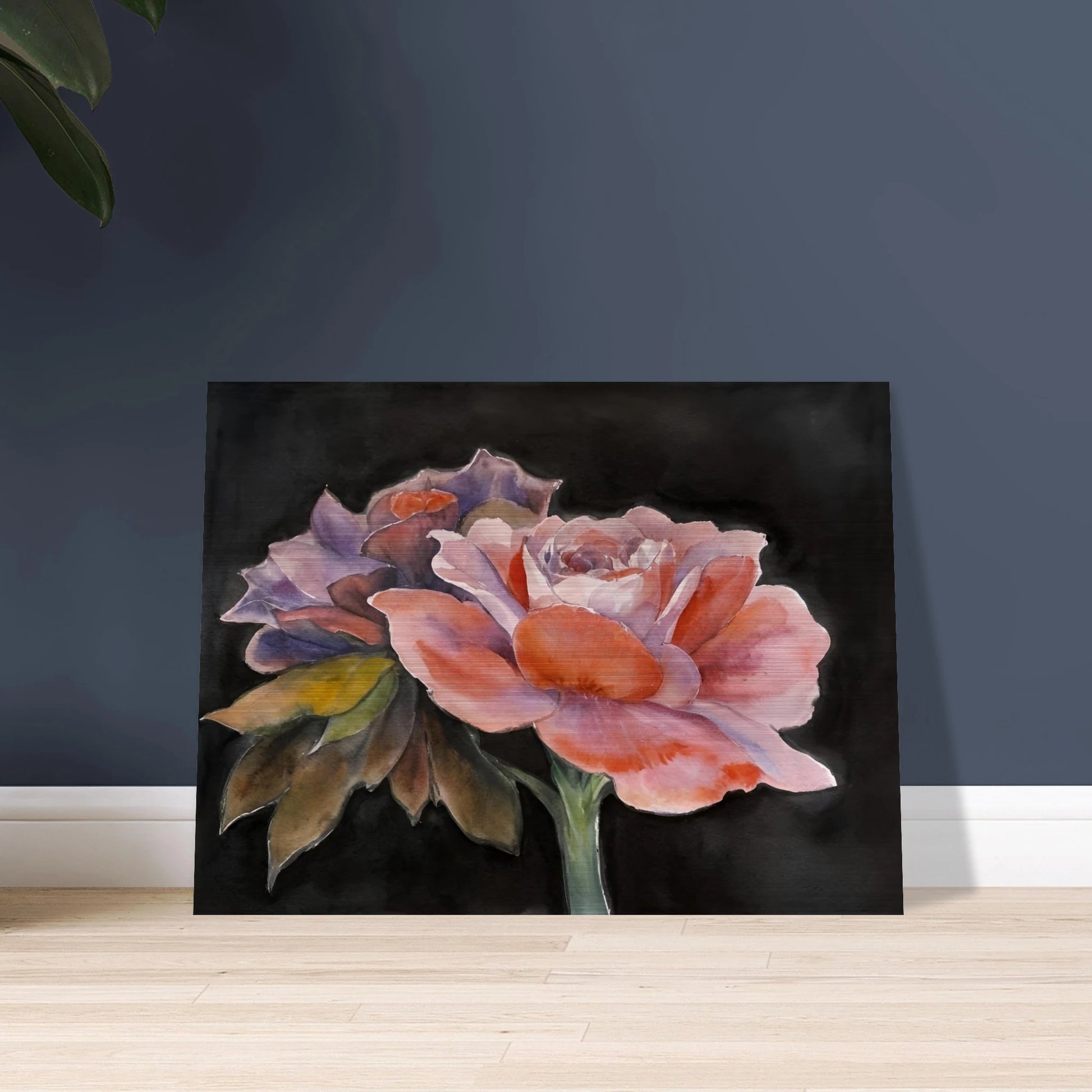 Two delicate watercolor roses with soft pink, purple, and peach tones bloom vividly against a dark background.