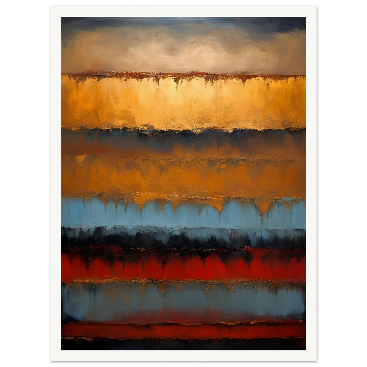 Rich bands of gold, rust, blue, and black flow like sediment layers in a moody, textured expression of earth and time.
