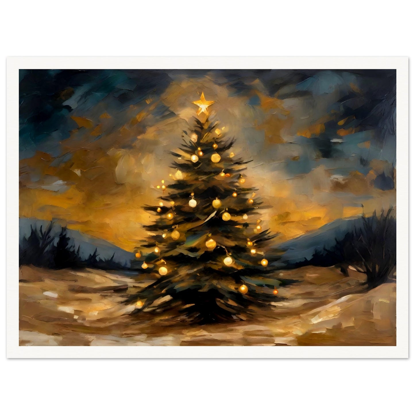 A glowing Christmas tree adorned with golden ornaments and a star topper, set against a dramatic evening sky and a snowy landscape.