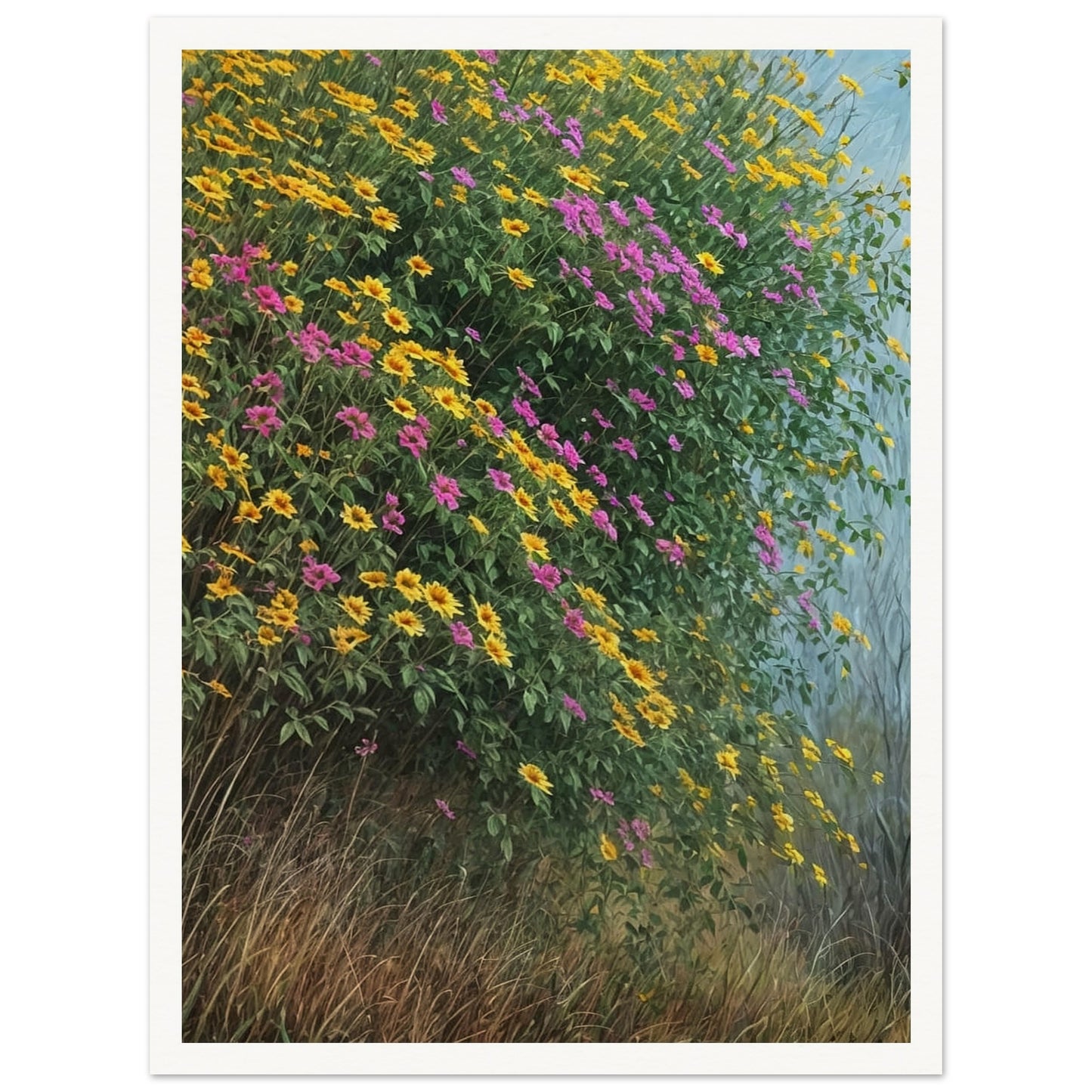 A vibrant painting of yellow and pink wildflowers cascading over a hillside with lush green foliage and tall grass.