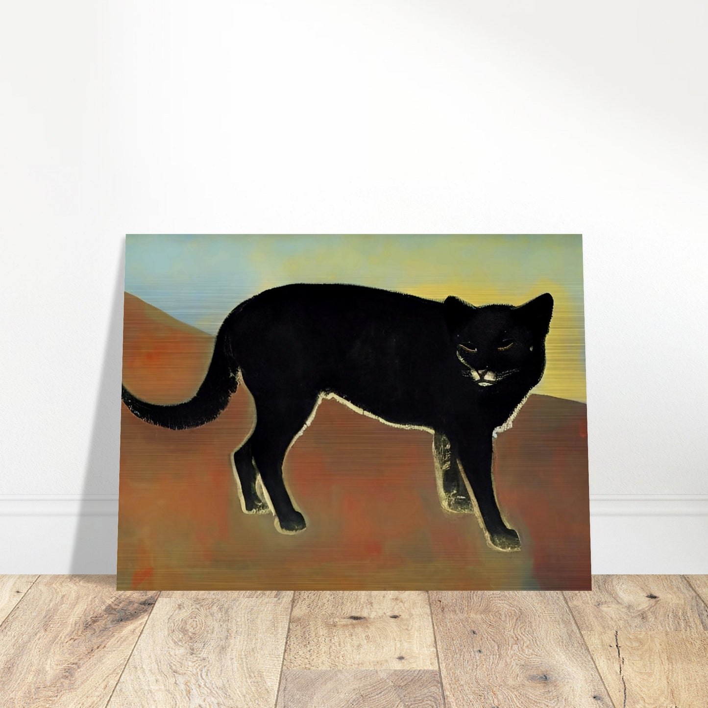 A dark and enigmatic black cat with piercing eyes stands against a warm, earthy backdrop in a minimalist style.