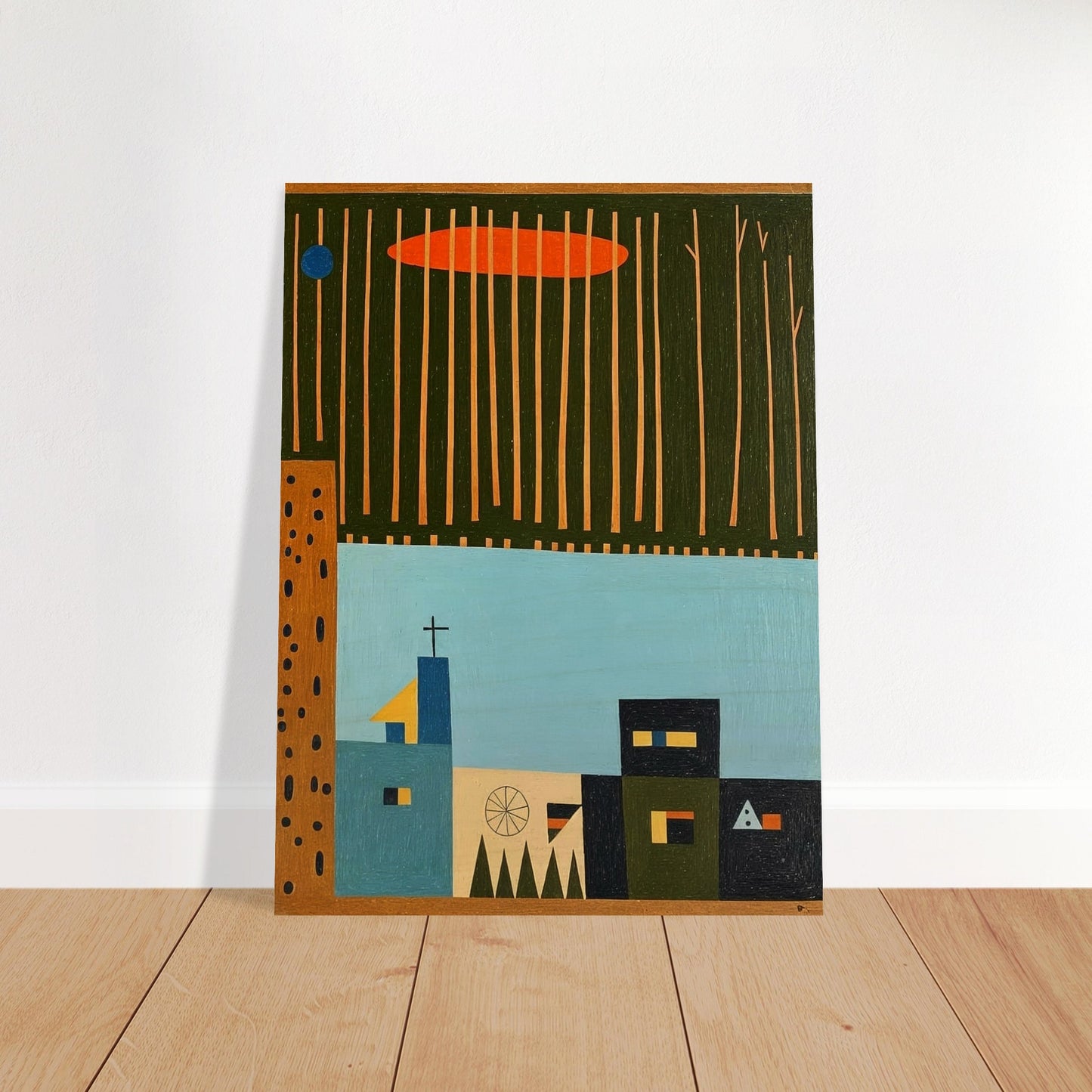 A minimalist portrayal of a small village beneath tall, thin trees and an orange cloud, capturing a tranquil, serene atmosphere.