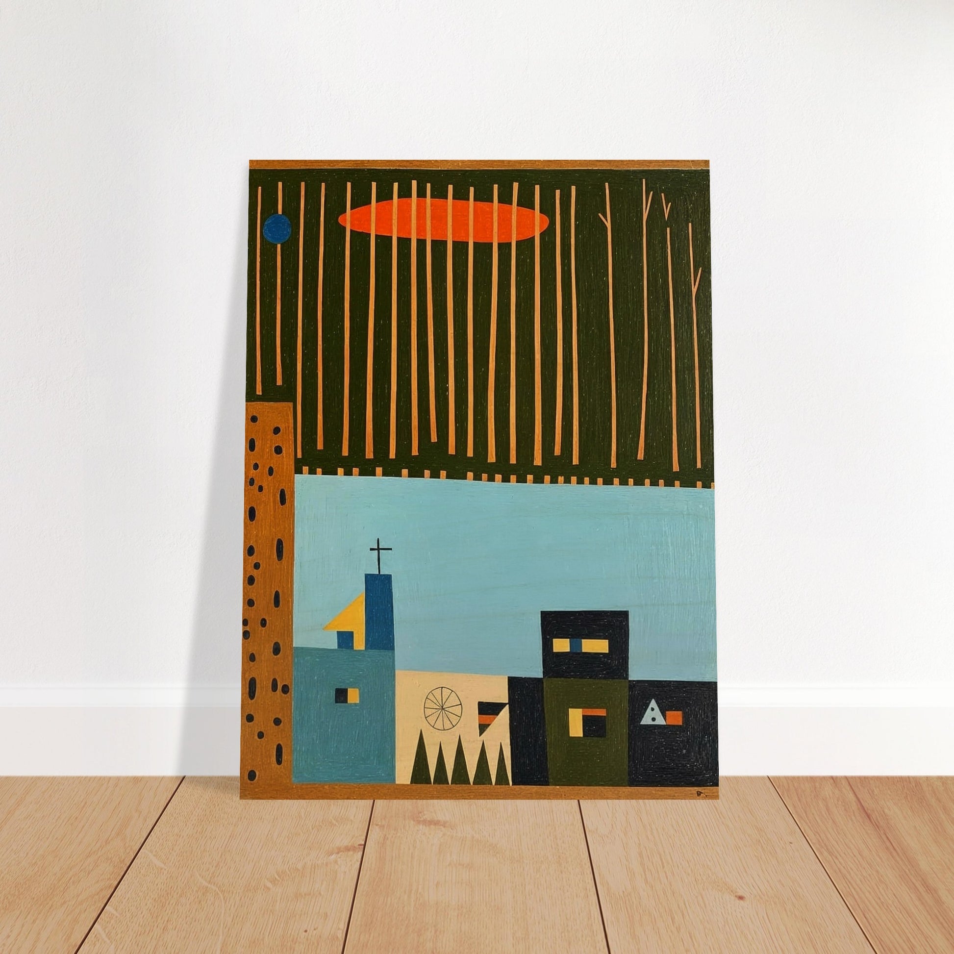 A minimalist portrayal of a small village beneath tall, thin trees and an orange cloud, capturing a tranquil, serene atmosphere.