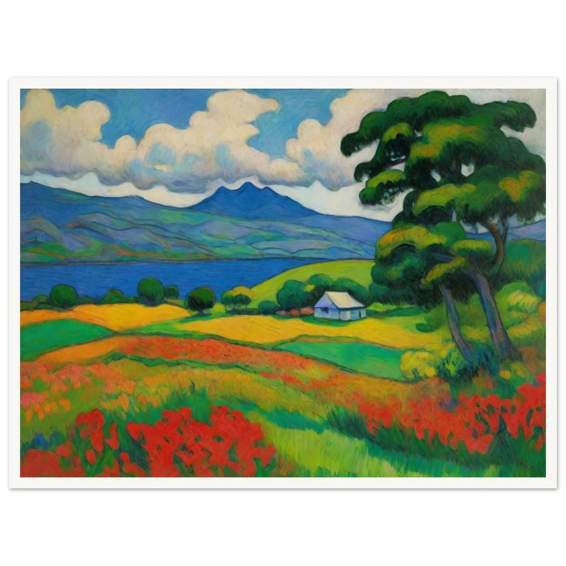 "A vibrant landscape painting featuring rolling hills, a calm lake, and colorful fields of red, yellow, and green, with a distant mountain."