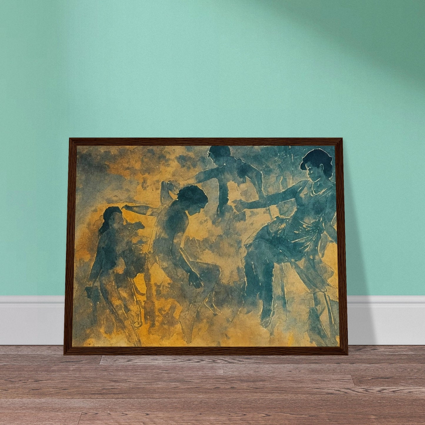 A serene artwork featuring ethereal figures in motion, rendered in soft hues of blue and gold. The dancers appear to be gracefully interacting with one another, evoking a sense of harmony and fluidity.