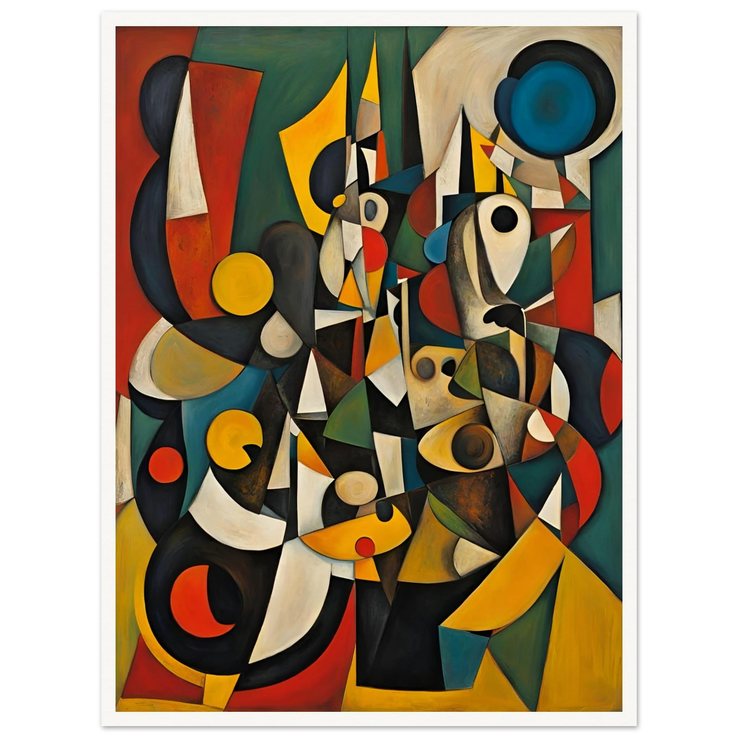 A vivid cubist-inspired painting with fragmented shapes, bold colors, and layered geometric forms that evoke human silhouettes and movement.