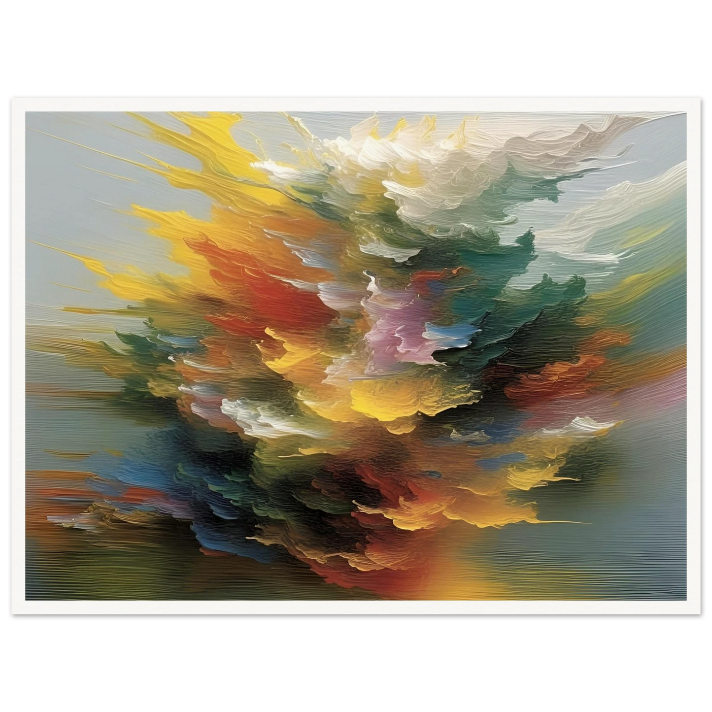 A swirling, radiant burst of multicolored abstract textures, resembling a cosmic explosion or floral cloud in motion.