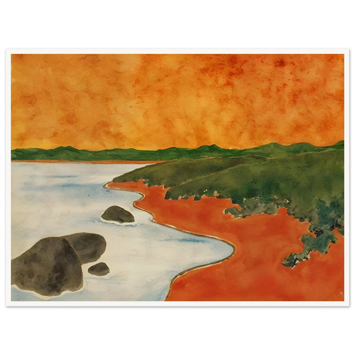 A vivid coastal scene with fiery orange skies, green hills, and calm shoreline waters meeting a winding red shoreline.