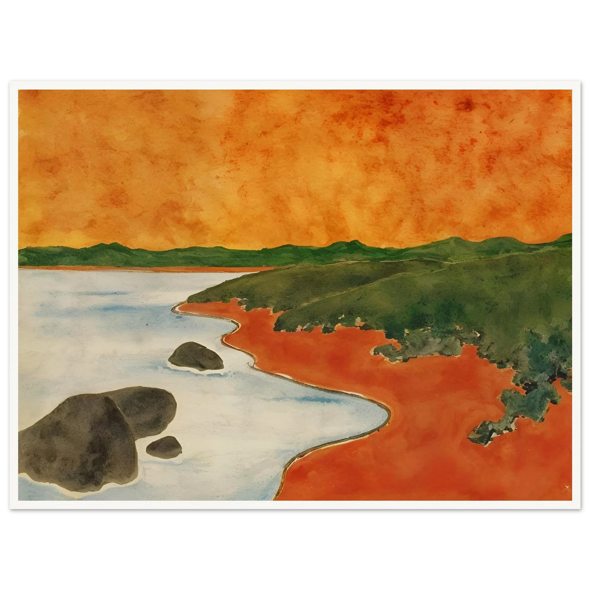 A vivid coastal scene with fiery orange skies, green hills, and calm shoreline waters meeting a winding red shoreline.